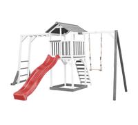 AXI Beach Tower Parque infantil con Tobogan en rojo, estructura para trepar, columpio y cajon de arena | Casa grande para ninos al aire libre en gris y blanco | Casa de juegos de madera FSC