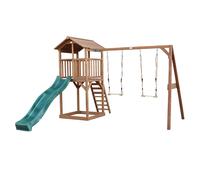 AXI Beach Tower Parque infantil con Tobogan en verde, 2 columpios y cajon de arena | Casa grande para ninos al aire libre en marron | Casa de juegos de madera FSC