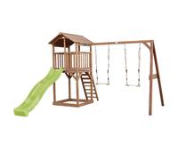 AXI Beach Tower Parque infantil con Tobogan en verde claro, 2 columpios y cajon de arena | Casa grande para ninos al aire libre en marron | Casa de juegos de madera FSC