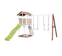 AXI Beach Tower Parque infantil con Tobogan en verde claro, 2 columpios y cajon de arena | Casa grande para ninos al aire libre en marron y blanco | Casa de juegos de madera FSC