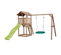 AXI Beach Tower Parque infantil con Tobogan en verde claro, columpio nido de pajaro verde y cajon de arena | Casa grande para ninos al aire libre en marron | Casa de juegos de madera FSC