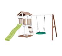 AXI Beach Tower Parque infantil con Tobogan en verde claro, columpio nido de pajaro verde y cajon de arena | Casa grande para ninos al aire libre en marron y blanco | Casa de juegos de madera FSC