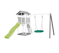 AXI Beach Tower Parque infantil con Tobogan en verde claro, columpio nido de pajaro verde y cajon de arena | Casa grande para ninos al aire libre en gris y blanco | Casa de juegos de madera FSC