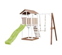 AXI Beach Tower Parque infantil con Tobogan en verde claro, columpio y cajon de arena | Casa grande para ninos al aire libre en marron y blanco | Casa de juegos de madera FSC
