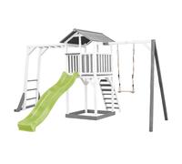 AXI Beach Tower Parque infantil con Tobogan en verde claro, estructura para trepar, columpio y cajon de arena | Casa grande para ninos al aire libre en gris y blanco | Casa de juegos de madera FSC