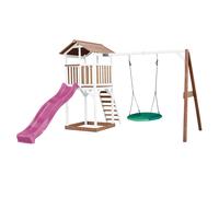 AXI Beach Tower Parque infantil con Tobogan morado, columpio nido de pajaro verde y cajon de arena | Casa grande para ninos al aire libre en marron y blanco | Casa de juegos de madera FSC