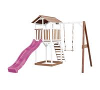 AXI Beach Tower Parque infantil con Tobogan morado, columpio y cajon de arena | Casa grande para ninos al aire libre en marron y blanco | Casa de juegos de madera FSC