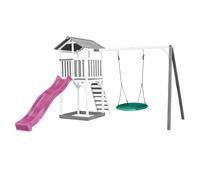 AXI Beach Tower Parque infantil con Tobogan purpura, columpio nido de pajaro verde y cajon de arena | Casa grande para ninos al aire libre en gris y blanco | Casa de juegos de madera FSC