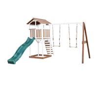 AXI Beach Tower Parque infantil con Tobogan verde, 2 columpios y cajon de arena | Casa grande para ninos al aire libre en marron y blanco | Casa de juegos de madera FSC