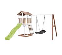 AXI Beach Tower Parque infantil con Tobogan verde claro, columpio nido de pajaro negro y cajon de arena | Casa grande para ninos al aire libre en marron y blanco | Casa de juegos de madera FSC