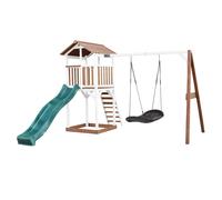 AXI Beach Tower Parque infantil con Tobogan verde, columpio nido de pajaro negro y cajon de arena | Casa grande para ninos al aire libre en marron y blanco | Casa de juegos de madera FSC