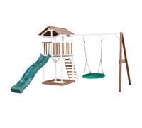 AXI Beach Tower Parque infantil con Tobogan verde, columpio nido de pajaro verde y cajon de arena | Casa grande para ninos al aire libre en marron y blanco | Casa de juegos de madera FSC