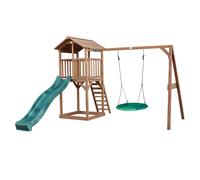 AXI Beach Tower Parque infantil con Tobogan verde, columpio nido de pajaro verde y cajon de arena | Casa grande para ninos al aire libre en marron | Casa de juegos de madera FSC