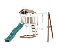 AXI Beach Tower Parque infantil con Tobogan verde, columpio y cajon de arena | Casa grande para ninos al aire libre en marron y blanco | Casa de juegos de madera FSC