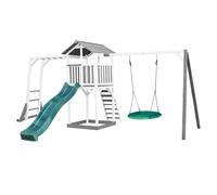 AXI Beach Tower Parque infantil con Tobogan verde, estructura para trepar, columpio nido de pajaro verde y cajon de arena | Casa grande de exterior para ninos en gris y blanco