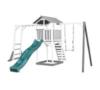AXI Beach Tower Parque infantil con Tobogan verde, estructura para trepar, columpio y cajon de arena | Casa grande para ninos al aire libre en gris y blanco | Casa de juegos de madera FSC