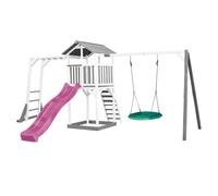 AXI Beach Tower Parque infantil with Purple Slide, Climbing Frame, Green Bird's nest Swing & Sandpit | Casa grande para ninos al aire libre en gris y blanco | FSC Wooden Playhouse