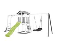 AXI Beach Tower Parque infantil with Slide in Light Green, Climbing Frame, Black Bird's nest Swing & Sandpit | Casa grande para ninos al aire libre en gris y blanco | FSC Wooden Playhouse