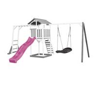 AXI Beach Tower Parque infantil with Slide in Purple, Climbing Frame, Black Bird's nest Swing & Sandpit | Casa grande para ninos al aire libre en gris y blanco | FSC Wooden Playhouse