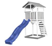 AXI Beach Tower Torre de juegos de madera en blanco y gris | Casa de juegos para ninos con Tobogan azul y arenero | Casa zancudo para el jardin