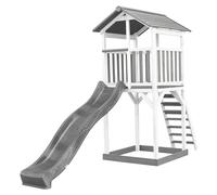 AXI Beach Tower Torre de juegos de madera en blanco y gris | Casa de juegos para ninos con Tobogan gris y arenero | Casa zancudo para el jardin