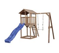 AXI Beach Tower torre de juegos de madera en marron | Casa de juegos para ninos con Tobogan azul, columpio y arenero | Casa zancudo para el jardin
