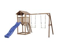 AXI Beach Tower torre de juegos de madera en marron | Casa de juegos para ninos con Tobogan azul, columpio doble y arenero | Casa zancudo para el jardin