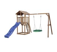 AXI Beach Tower torre de juegos de madera en marron | Casa de juegos para ninos con Tobogan azul, columpio nido y arenero | Casa zancudo para el jardin