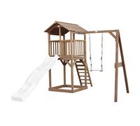 AXI Beach Tower torre de juegos de madera en marron | Casa de juegos para ninos con Tobogan blanco, columpio y arenero | Casa zancudo para el jardin