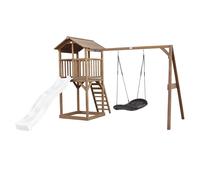 AXI Beach Tower torre de juegos de madera en marron | Casa de juegos para ninos con Tobogan blanco, columpio nido y arenero | Casa zancudo para el jardin
