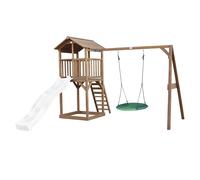 AXI Beach Tower torre de juegos de madera en marron | Casa de juegos para ninos con Tobogan blanco, columpio nido y arenero | Casa zancudo para el jardin