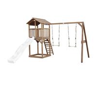 AXI Beach Tower torre de juegos de madera en marron | Casa de juegos para ninos con Tobogan blanco, columpio doble y arenero | Casa zancudo para el jardin