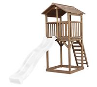 AXI Beach Tower torre de juegos de madera en marron | Casa de juegos para ninos con Tobogan blanco y arenero | Casa zancudo para el jardin