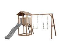 AXI Beach Tower torre de juegos de madera en marron | Casa de juegos para ninos con Tobogan gris, columpio doble y arenero | Casa zancudo para el jardin