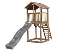 AXI Beach Tower torre de juegos de madera en marron | Casa de juegos para ninos con Tobogan gris y arenero | Casa zancudo para el jardin
