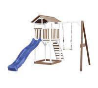AXI Beach Tower torre de juegos de madera en marron y blanco | Casa de juegos para ninos con Tobogan azul, columpio y arenero | Casa zancudo para el jardin