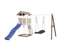 AXI Beach Tower torre de juegos de madera en marron y blanco | Casa de juegos para ninos con Tobogan azul, columpio nido y arenero | Casa zancudo para el jardin