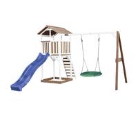 AXI Beach Tower torre de juegos de madera en marron y blanco | Casa de juegos para ninos con Tobogan azul, columpio nido y arenero | Casa zancudo para el jardin