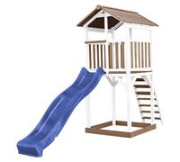 AXI Beach Tower Torre de juegos de madera en marron y blanco | Casa de juegos para ninos con Tobogan azul y arenero | Casa zancudo para el jardin
