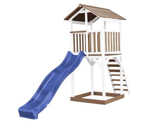 AXI Beach Tower Torre de juegos de madera en marron y blanco | Casa de juegos para ninos con Tobogan azul y arenero | Casa zancudo para el jardin
