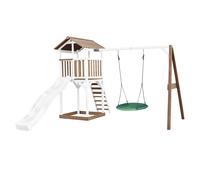 AXI Beach Tower torre de juegos de madera en marron y blanco | Casa de juegos para ninos con Tobogan blanco, columpio nido y arenero | Casa zancudo para el jardin