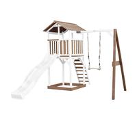 AXI Beach Tower torre de juegos de madera en marron y blanco | Casa de juegos para ninos con Tobogan blanco, columpio y arenero | Casa zancudo para el jardin