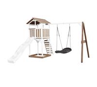 AXI Beach Tower torre de juegos de madera en marron y blanco | Casa de juegos para ninos con Tobogan blanco, columpio nido y arenero | Casa zancudo para el jardin