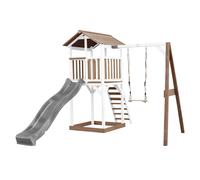 AXI Beach Tower torre de juegos de madera en marron y blanco | Casa de juegos para ninos con Tobogan gris, columpio y arenero | Casa zancudo para el jardin