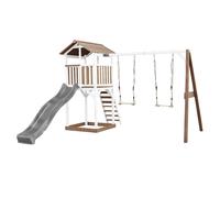 AXI Beach Tower torre de juegos de madera en marron y blanco | Casa de juegos para ninos con Tobogan gris, columpio doble y arenero | Casa zancudo para el jardin