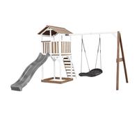 AXI Beach Tower torre de juegos de madera en marron y blanco | Casa de juegos para ninos con Tobogan gris, columpio nido y arenero | Casa zancudo para el jardin