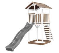 AXI Beach Tower Torre de juegos de madera en marron y blanco | Casa de juegos para ninos con Tobogan gris y arenero | Casa zancudo para el jardin
