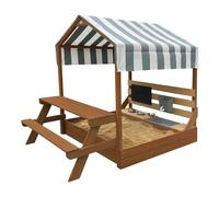 AXI Bo arenero y casita de juegos de madera - con cocina de juguete, techo y mesa de picnic - Marron | 6 accesorios incluidos | Con lona de fondo | 159 x 105 cm