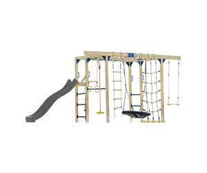 AXI Boris Juego de escalada para ninos de madera marron con Tobogan gris | estructura para trepar equipada para ninos con diferentes columpios, trapecio, redes para trepar y barras de mono