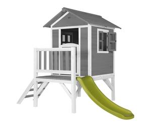 AXI Casa de juegos Beach Lodge XL en gris con Tobogan en verde claro | Casa zancudo de madera FSC para ninos | Pequena torre de juegos para el jardin